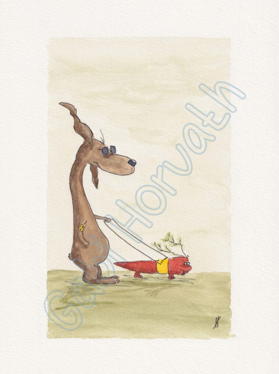 Assistenzkarotte Ein Hase mit Sonnenbrille und Blindenbinde hält eine Karotte an der Leine. Die Karotte ist wie ein Blindenhund für ihn.