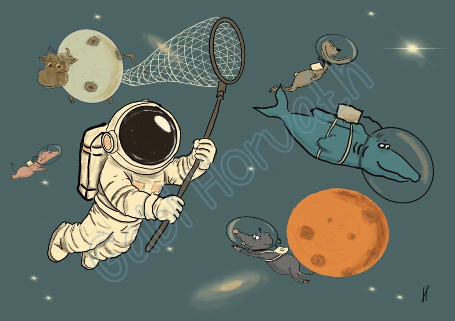 Weltraumangler Ein Astronaut im Weltall versucht mit einem Netz einen Weltraumfisch zu angeln.