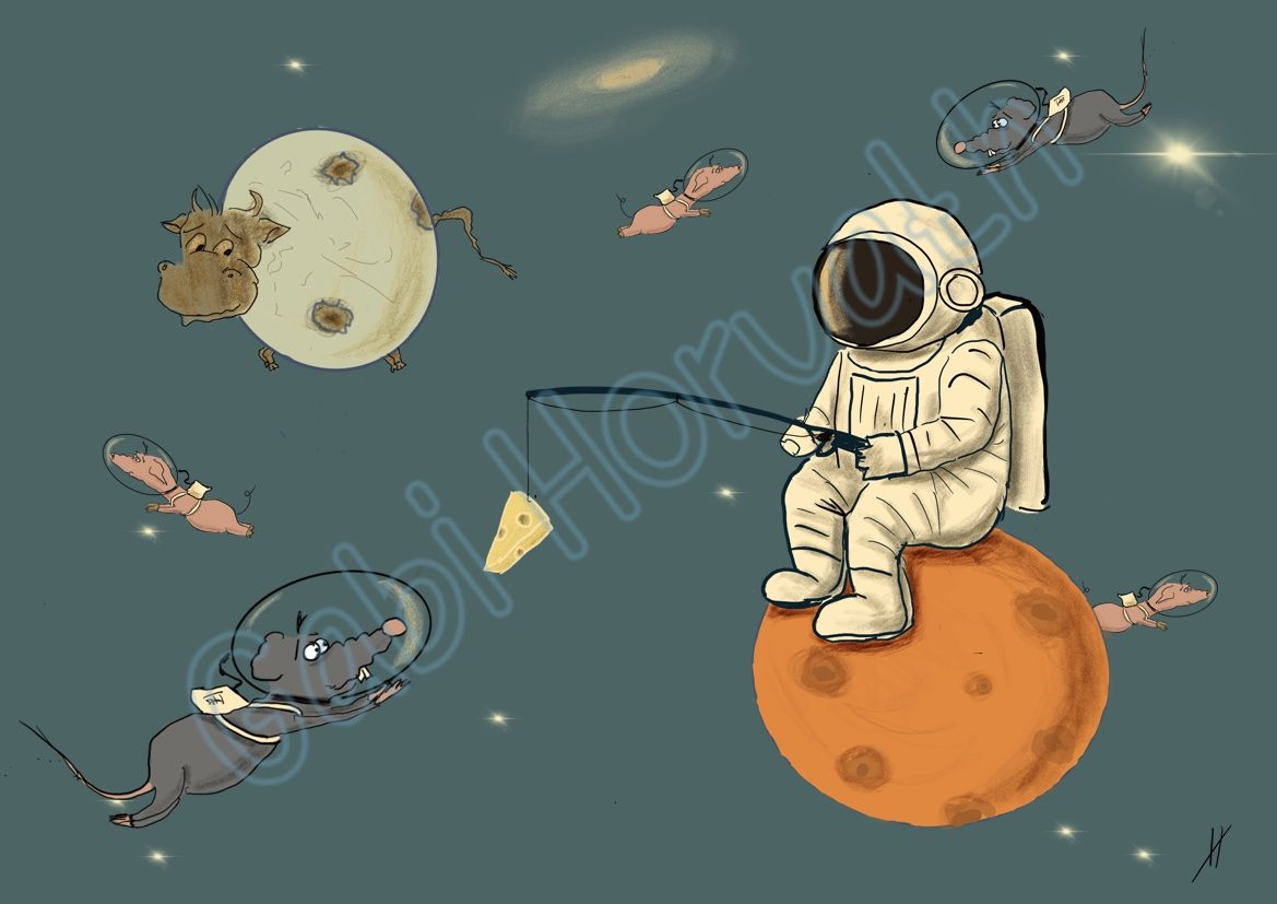 Weltraumrattenfänger Ein Astronaut sitzt im Weltall auf einem Planeten und versucht mit Käse eine Weltraumratte zu fangen