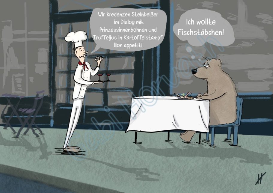 Fischstäbchen Ein Kellner bringt exquisites Essen, aber der Gast, ein Bär, wollte viel lieber Fischstäbchen.