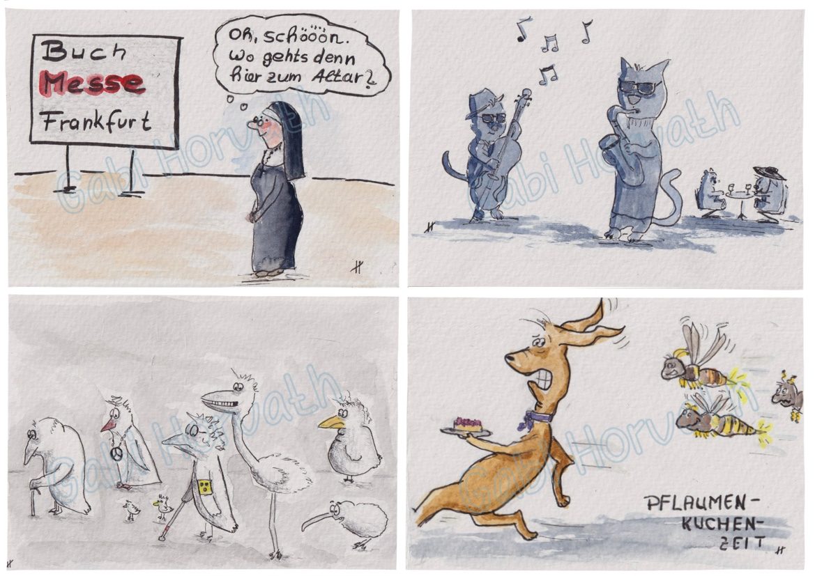 4 Bilder. Eine Nonne die das Wort Messe falsch versteht. Eine Jazzband aus Katzen. Komische vögel. Ein Hund mit Kuchen flieht vor Wespen.