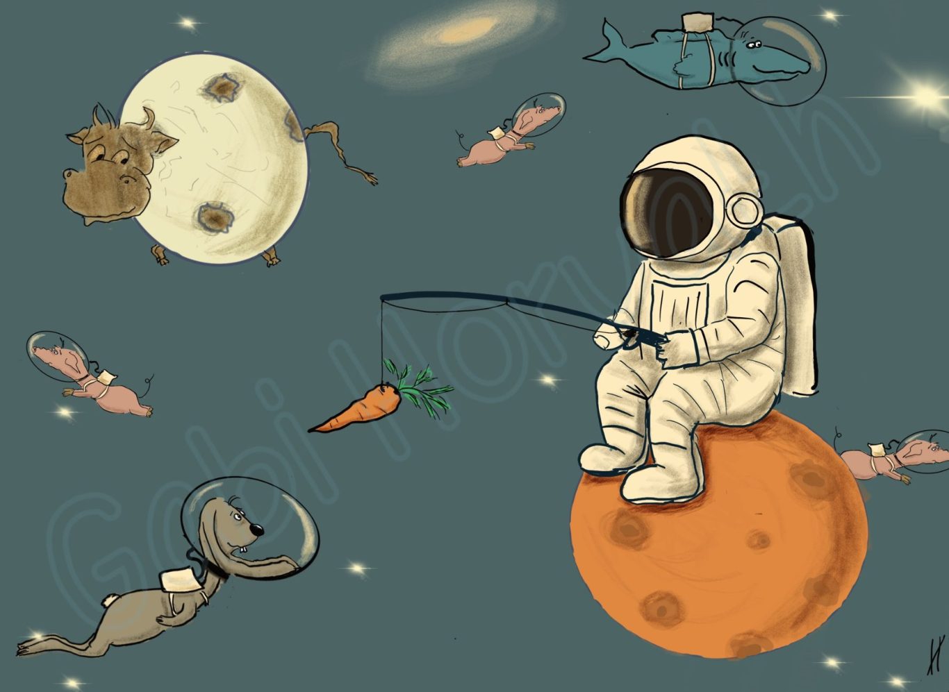 Ein Astronaut sitzt auf einem Planeten und versucht mit einer Karotte einen Weltraumhasen zu angeln.