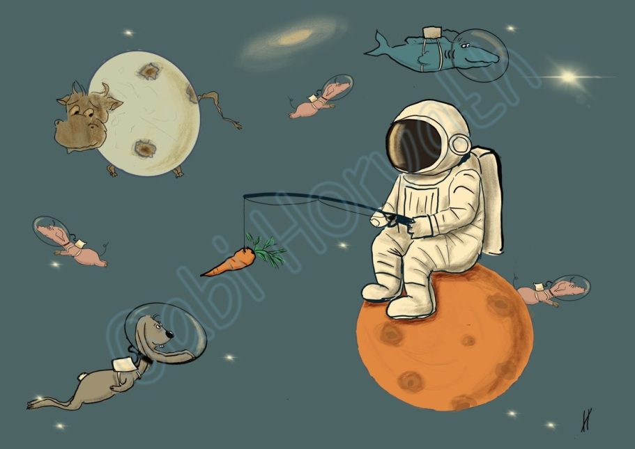 Weltraumjäger Ein Astronaut sitzt auf einem Planeten und versucht mit einer Karotte einen Weltraumhasen zu angeln.