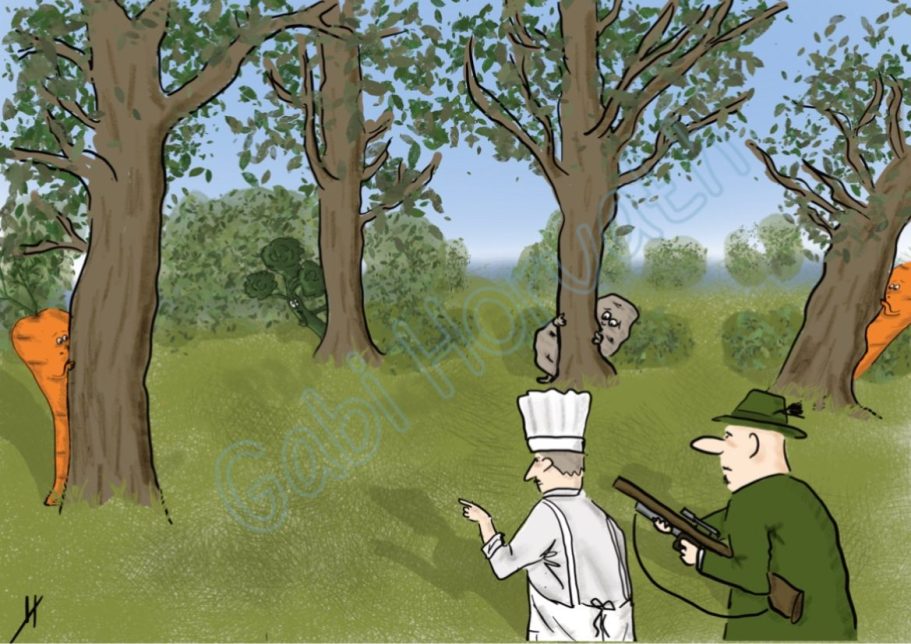 Gemüsejäger Ein Koch und ein Jäger befinden sich im Wald und wollen Gemüse schießen. Das Gemüse versteckt sich hinter Bäumen.