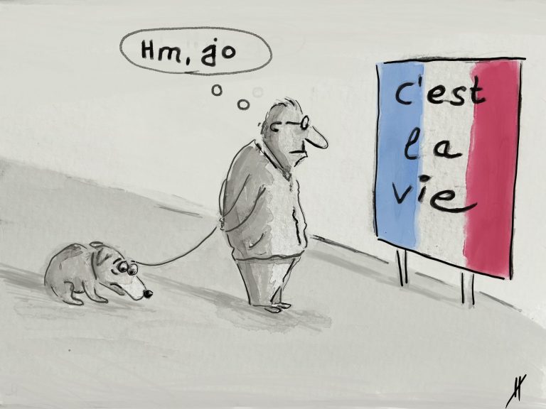 C'est la vie Ein Mann mit einem Hund steht vor einem Plakat "C'est la vie" und sagt "Hm, jo"