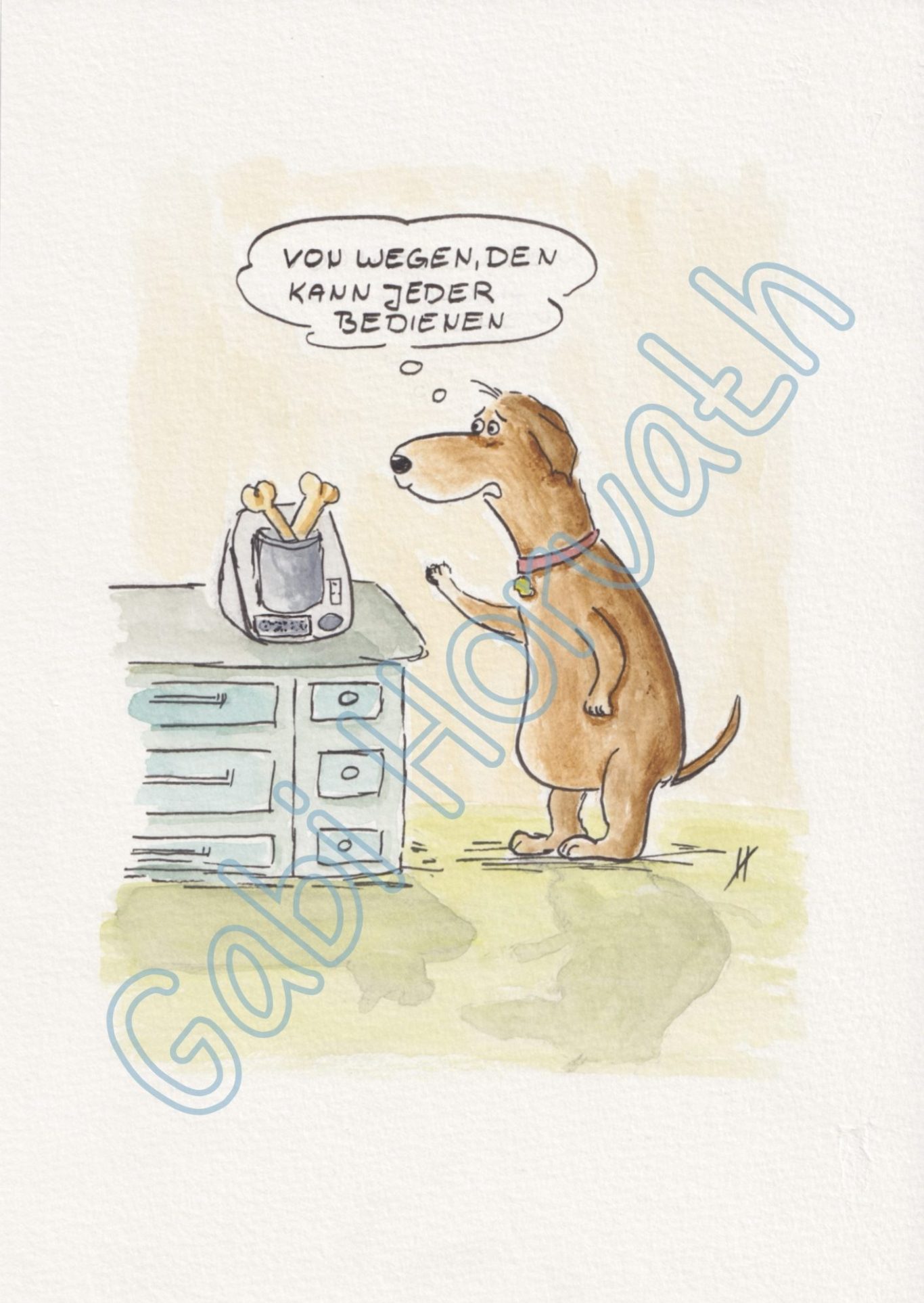Küchenmaschine für den Hund Ein Hund bedient eine Küchenmaschine. Er füllt sie mit Knochen.