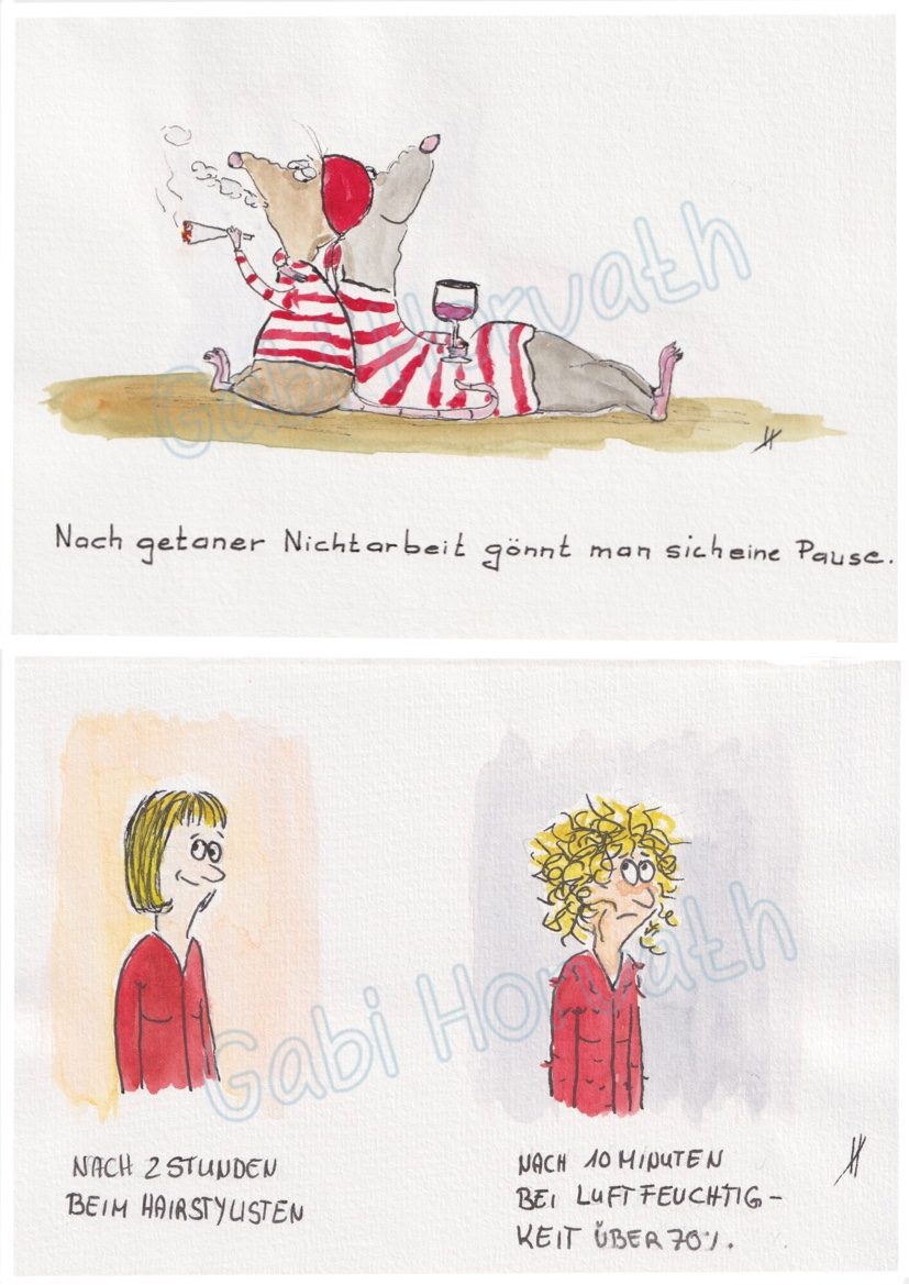 Zwei Bilder. Zei Ratten machen Pause vom Nichtstun. Und eine Frau mit Frisur nach dem Friseur und nach kurzer Zeit in Luftfeuchtigkeit.