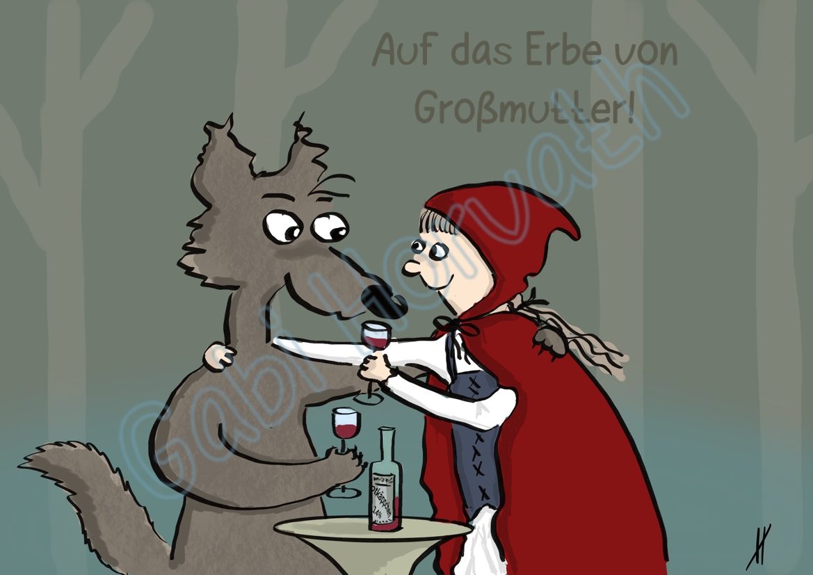 Auf Oma! Der Wolf und Rotkäppchen stossen mit Wein im Wald auf das erbe von Großmutter an.