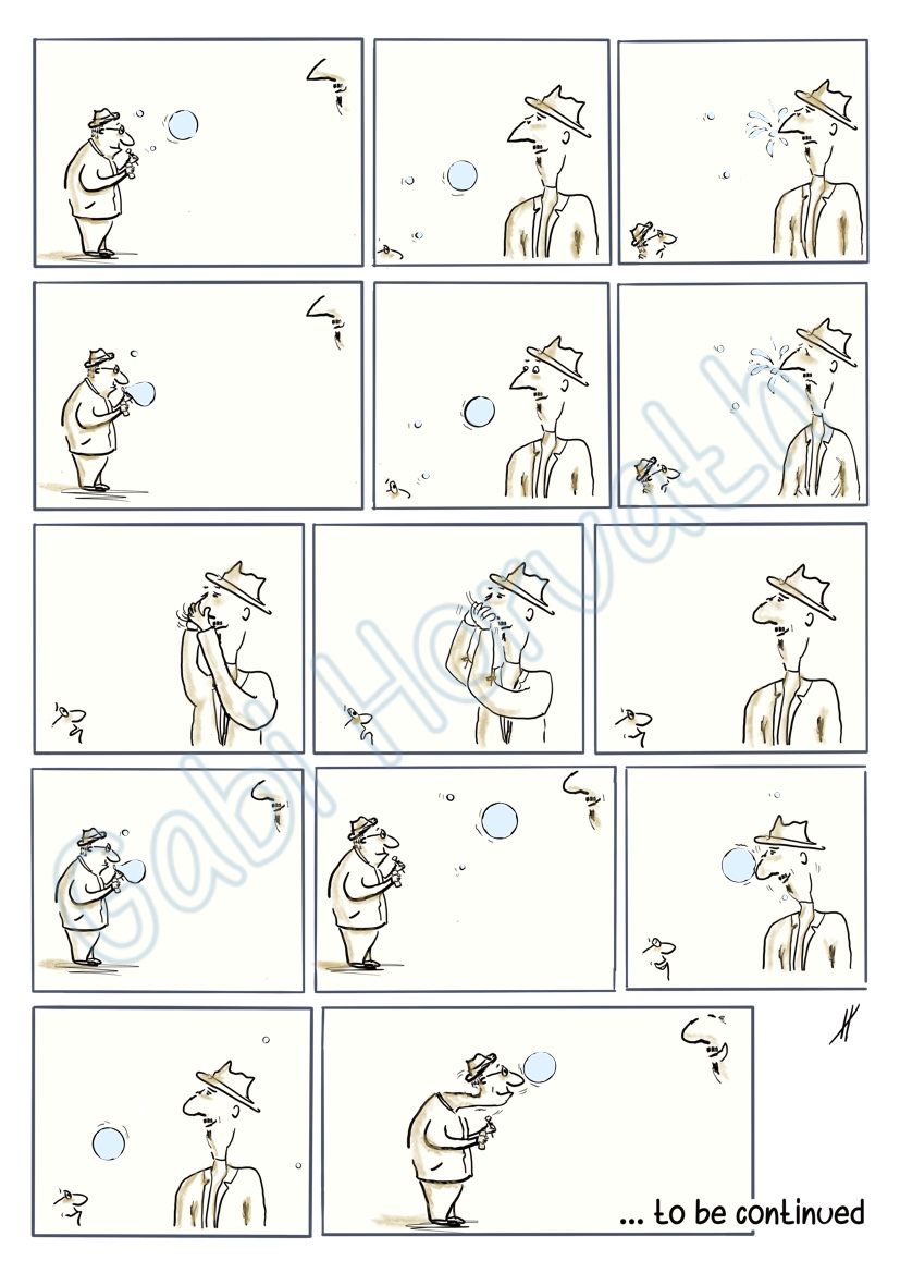 Freundschaft Eine Art Comic. Zwei Männer spielen mit einer Seifenblase. Der eine verformt sich, damit sie nicht platzt.
