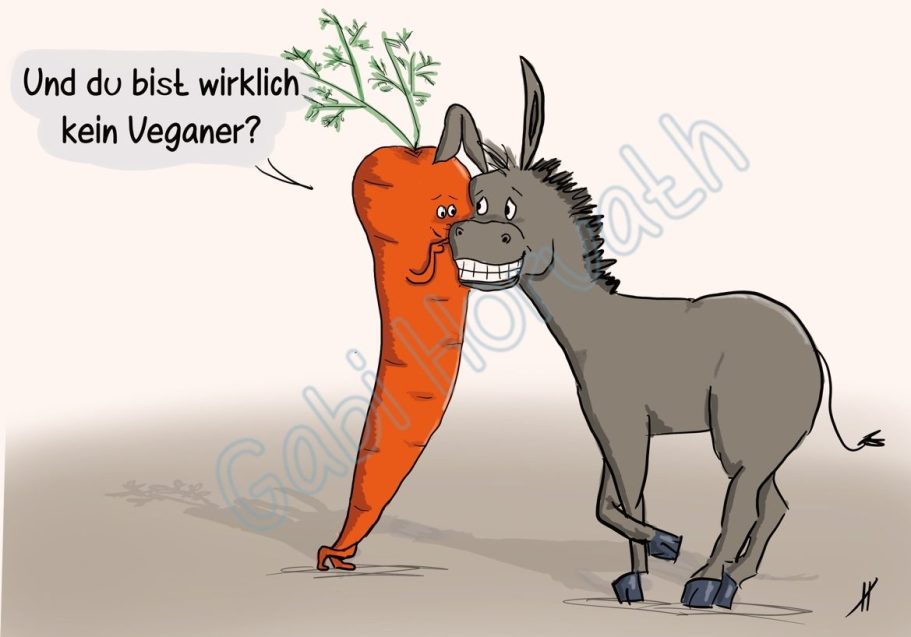 Veganer Eine Karotte fragt einen Esel, ob er wirklich kein Veganer ist.
