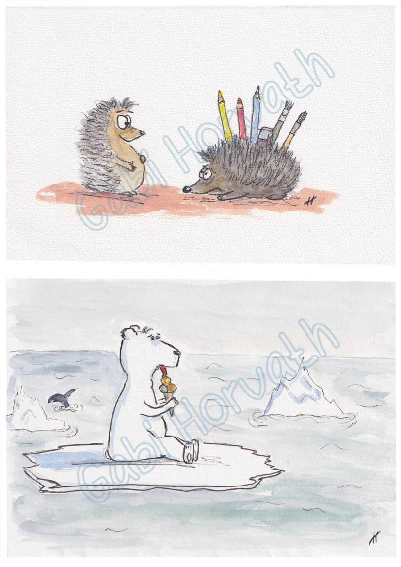 Zwei Bilder. Zwei Igel, einer dient als Stifthalter. Und Ein Eisbär isst ein Eis.