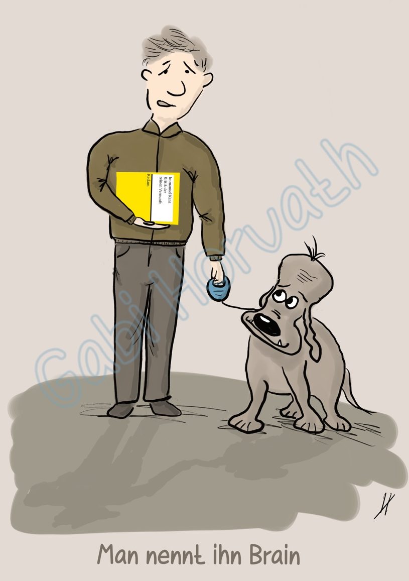 Mr. Brain Ein Mann mit einem Buch von einem Philosophen hat einen Hund mit einer riesigen Stirn an der Leine.